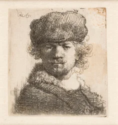 Rembrandt met een zware bontmuts: vooraanzicht: borstbeeld