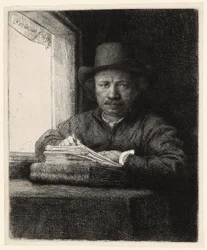 Zelfportret ets bij een raam