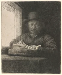 Zelfportret: ets bij een raam