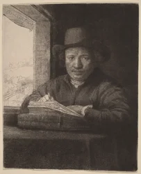 Zelfportret: ets bij een raam