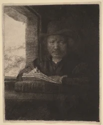 Zelfportret: ets bij een raam