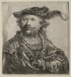 Zelfportret in fluwelen muts met pluim, 1638