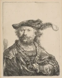 Zelfportret in een fluwelen muts met pluim, 1638