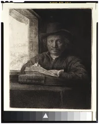Zelfportret, ets bij een raam