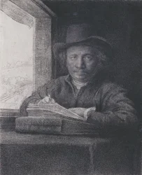 Zelfportret, ets bij een raam, 1648