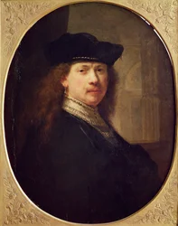 Zelfportret met hoed met architectuur op de achtergrond, 1637
