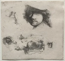 Blad met studies: Zelfportret, een bedelaarskoppel, enz.