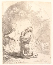 St. Jerome biddend: gebogen prent