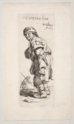 Een staande boer die naar links kijkt en een figuur met een stok op de achtergrond „Tis vinnich Kout“