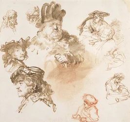Studies van oude mannenhoofden en drie vrouwen met kinderen, ca. 1635-36
