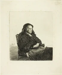 De moeder van de kunstenaar zit aan een tafel en kijkt naar rechts: Driekwart lengte