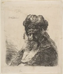 De oude bebaarde man in een hoge bontmuts, met gesloten ogen, ca. 1635