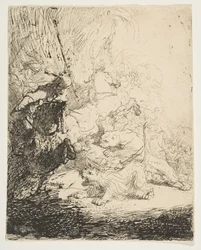 De kleine leeuwenjacht, met twee leeuwen