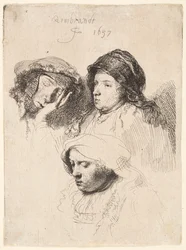 Drie hoofden van vrouwen, een slapend