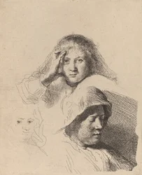 Drie Hoofden van Vrouwen, Eén Licht Gebeiteld, ca. 1637