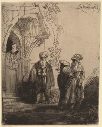 Drie oosterse figuren (Jacob en Laban?)