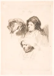 Drie hoofden van vrouwen, één slapend
