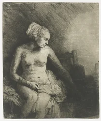 Vrouw in bad, met een hoed naast haar