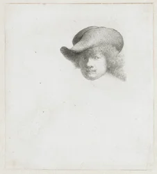 Zelfportret met slappe hoed en bewerkte mantel
