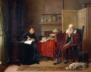 Galileo Galilei dicteert zijn waarnemingen aan zijn secretaris in Arcetri