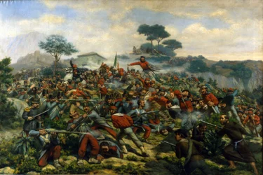 Risorgimento: de slag bij Calatafimi op Sicilië tussen de troepen van Giuseppe Garibaldi (1807-1882), de Duizend en het leger van het Koninkrijk der Beide Siciliën