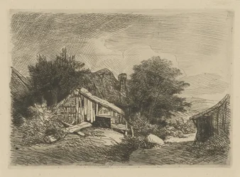 Landschap met vervallen hut