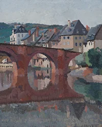 Reflectie van de brug op de Lot bij Espalion, Aveyron