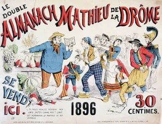 Reclameposter voor de Almanach Mathieu de la Drôme 1896 (een boer die gewasadvies geeft aan de menigte die op het boek afstormt), 30 cent.