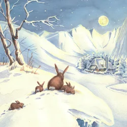 Konijnen in een winterse maanverlichte nacht
