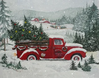 Rode vrachtwagen in kerstsneeuw