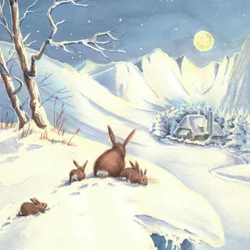 Konijnenfamilie in een besneeuwde nacht