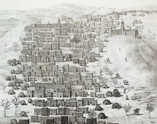 Uitzicht op de stad Timboektoe, Mali, gravure uit Reizen door Centraal-Afrika naar Timboektoe door Rene Caillie tussen 1824 en 1828, Afrika