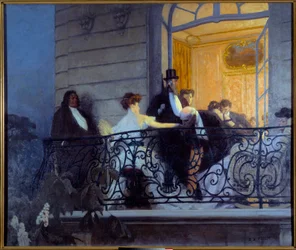 Belle Époque: „Het balkon”. Sociale avond, een man masturbeert de gastvrouw met de hand. 1900. H. 1,86 x 1,56 m. Caen, Musée des Beaux-Arts