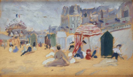 Parasols en badhokjes op het strand