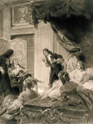 Scène uit het toneelstuk "Le Malade Imaginaire" van Molière, eind 19e - begin 20e eeuw