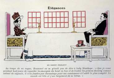 Een afbeelding van Beau Brummell (George Bryan Brummell) (1778-1840) aan tafel voor Lady Stanhope, hij gaf geboorte aan de uitdrukking 