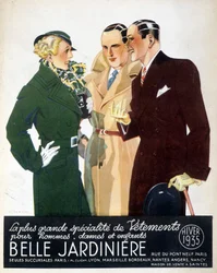 Reclame voor "De grootste specialiteit van kleding voor heren, dames en kinderen Belle Jardinière", winter 1935