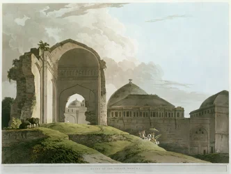Ruïnes van het paleis in Madurai, gegraveerd door Thomas en William Daniell (1769-1837), gepubliceerd in 1798