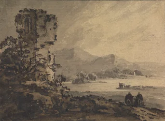 Klassiek landschap met twee figuren te paard rechts