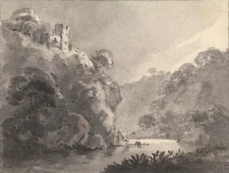 Landschap met kasteel op een heuvel links