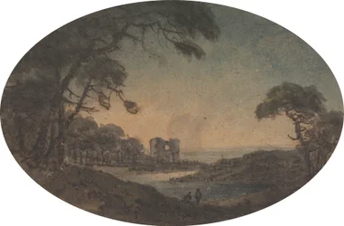 Landschap met twee mannen en een kasteelruïne aan de rivier