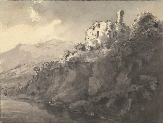 Landschap met een kasteel op een heuvel aan de rechterkant