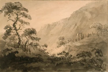 Bergachtig landschap met ruïne