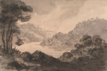 Bergachtig Landschap met Rivier, Bomen en Bladgroen op de Voorgrond