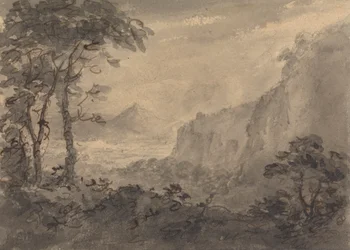 Bergachtig landschap met bomen - Hoge rotsen rechts
