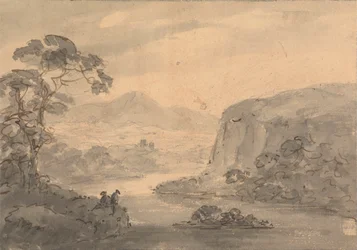 Bergachtig Landschap met Twee Figuren die uitkijken over een Meer