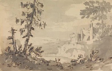 Pijnbomen en kasteel in een landschap