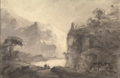 Rotsachtig landschap met twee figuren op een pad in het midden