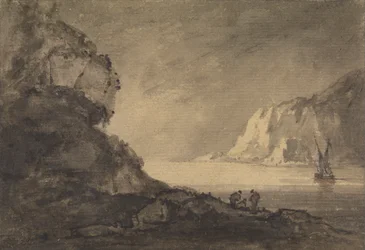 Scheepvaartscène met drie figuren aan de kust
