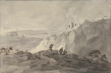 Drie figuren in een heuvelachtig landschap met ruïnes, verderop